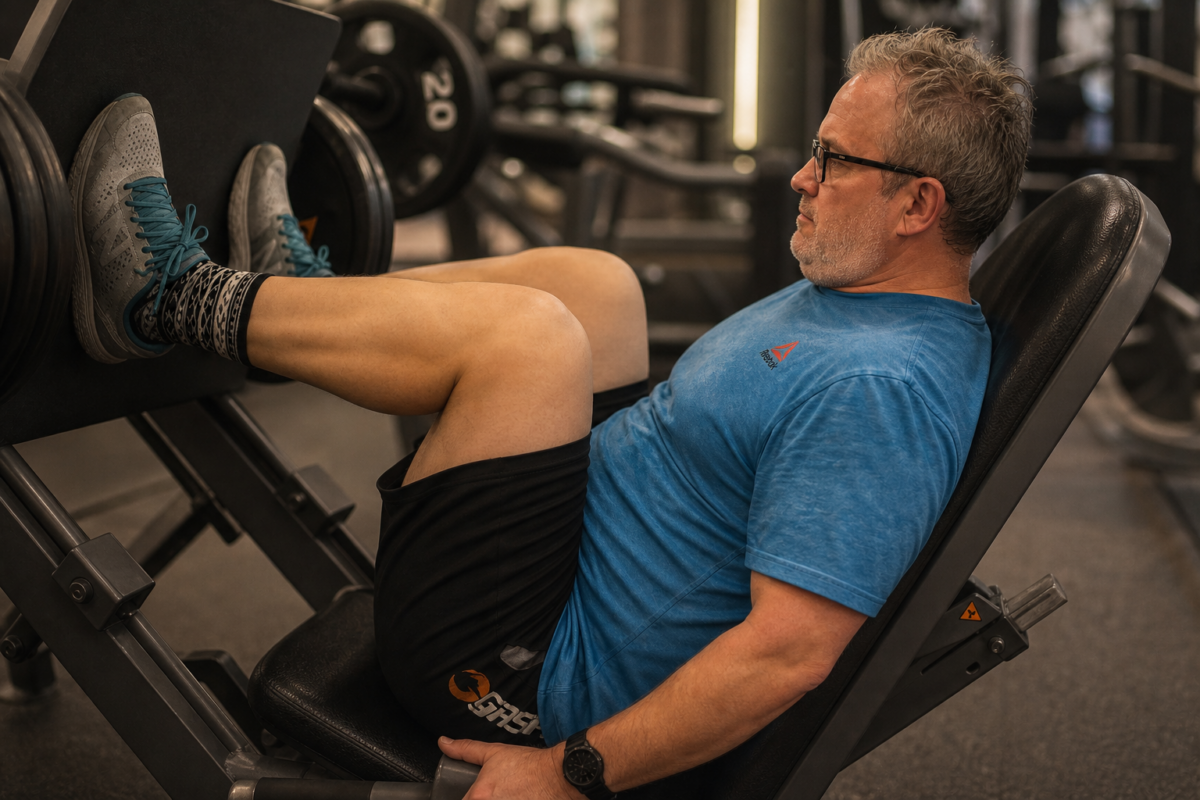 AI generated image of me doing leg press.