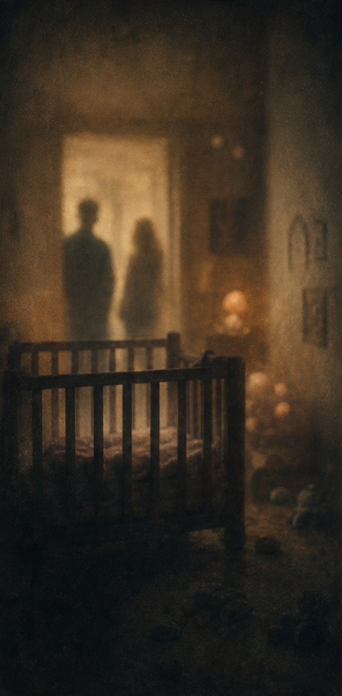 AI generated Image of two adults seen as shadows in front of a Childs bed